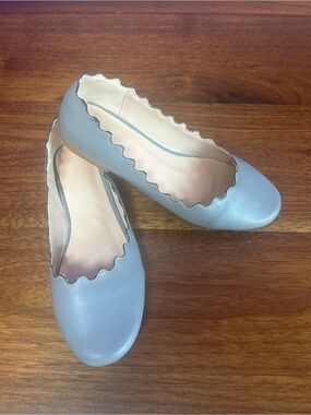 Scalloped Edge Light Blue Leather Ballet Flats